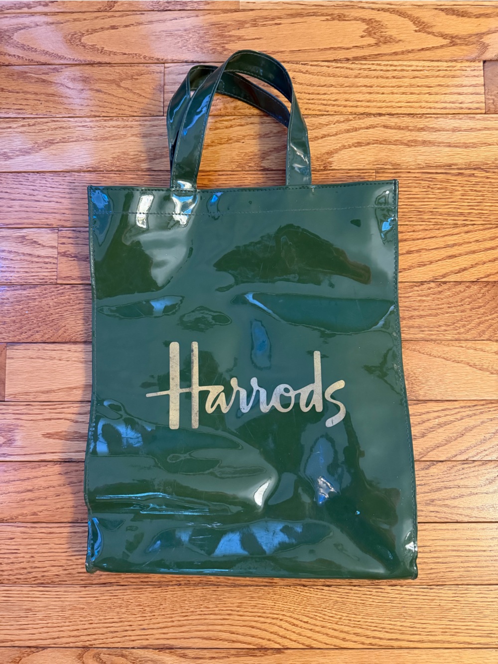 Harrods Forest Green Patent Tote with Gold Script. Pristine interior